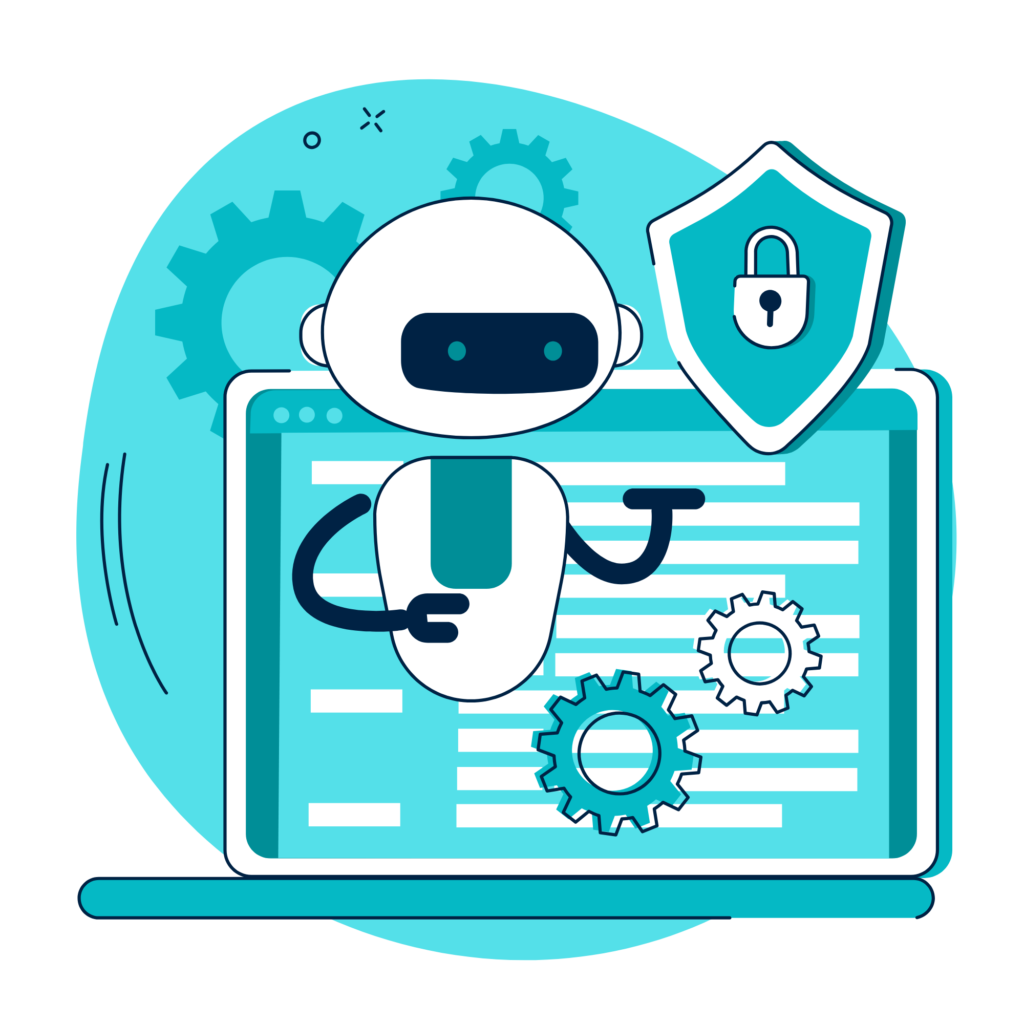 illustration of a robot and a laptop with a security shield to represent business process optimization