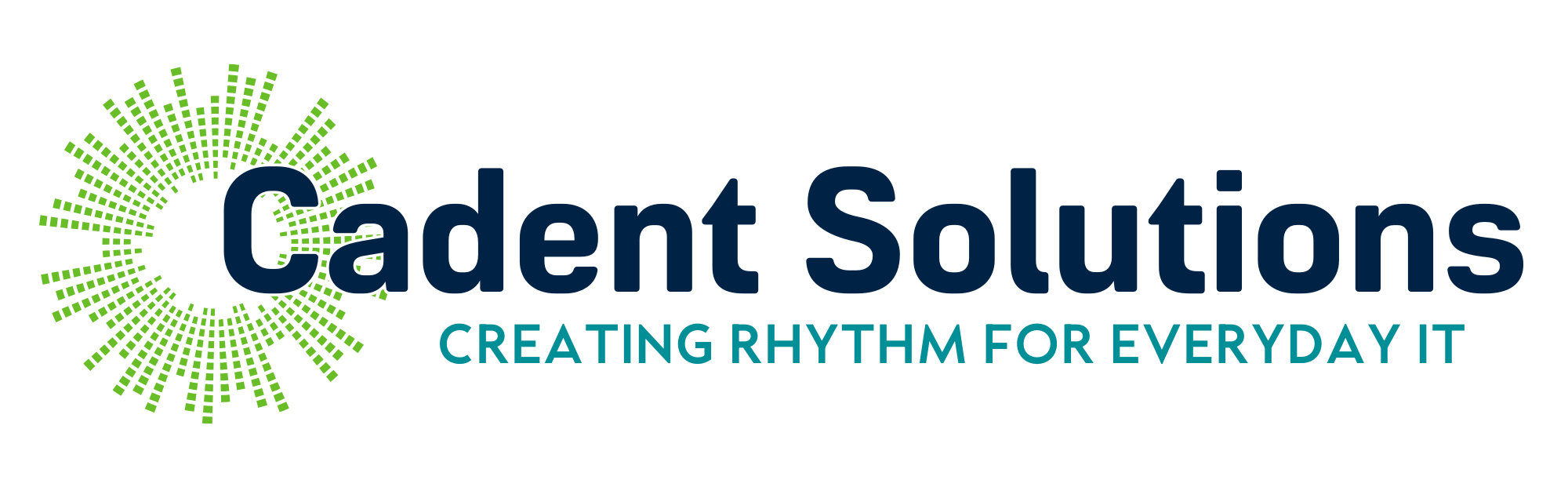 Cadent Solutions logo with a green burst on the left hand side and Cadent Solutions in navy. Under Cadent Solutions are the words Creating Rhythm for Everyday IT in teal.